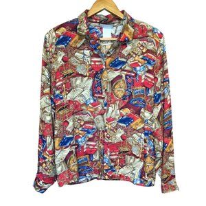 Vintage Womens Button Up Long Sleeve Shirt Size 17/18 Novelty Print Top USA